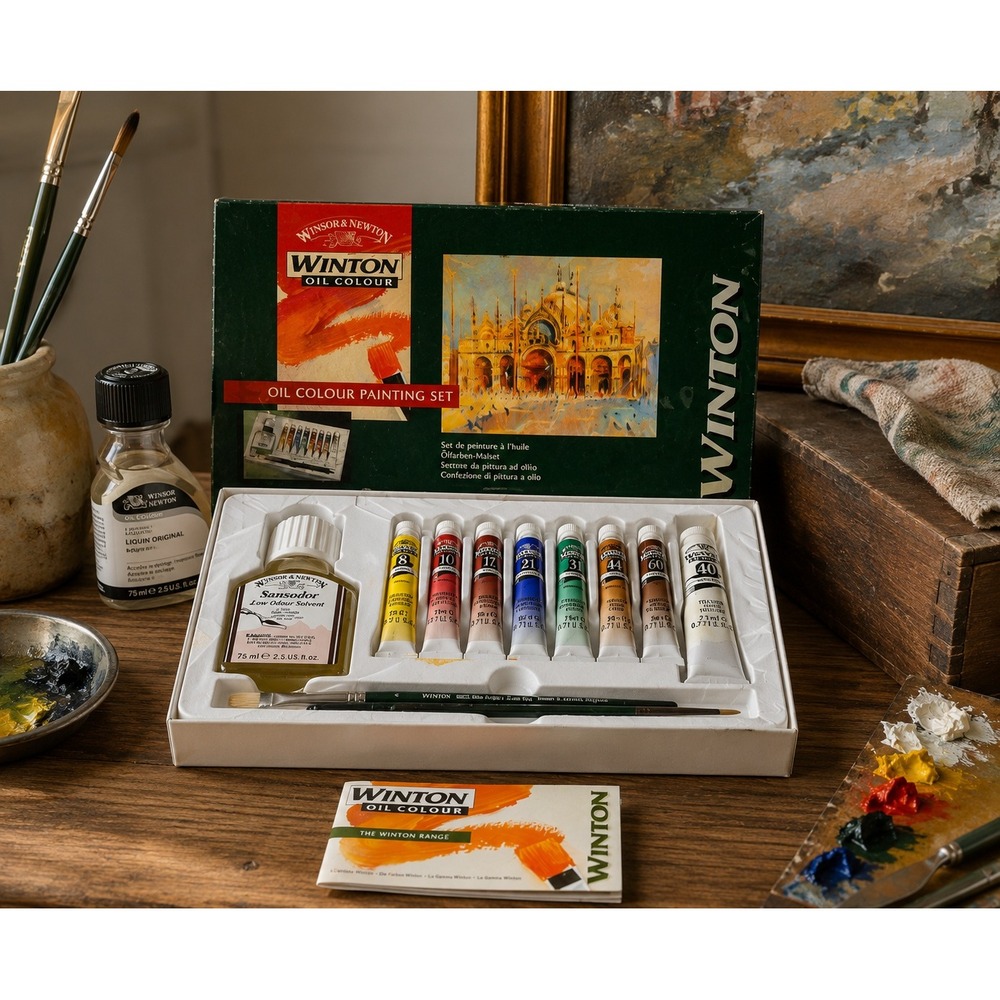 Vtg Winsor & Newton Winton Oil Colour Painting Set 8 Tubes Solvent Brushes